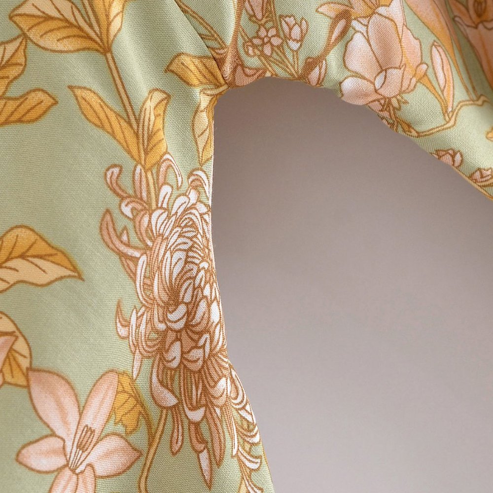 Whimsical Green Butterfly Floral Blossom Boho Kimono Robe - Picture 4 of 8